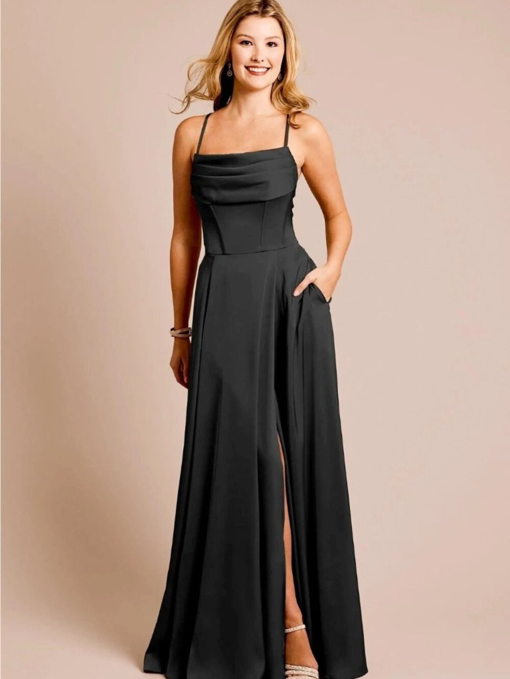 Galina Signature Black Satin Formal Gown Bridesmaid Dress #GS290232 Size 20